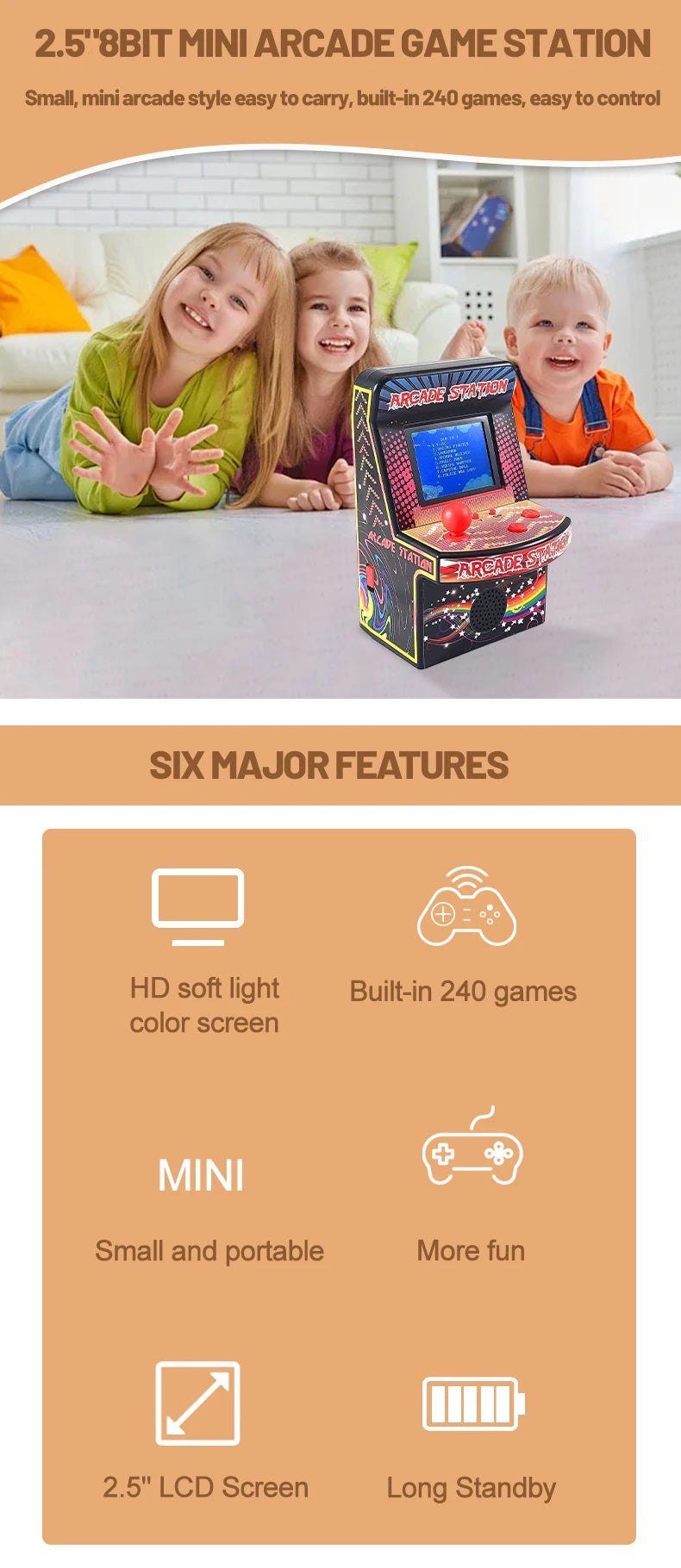 2.5"8Bit Mini Arcade Game Station Built-in 200/240 Games inside 2.5" LCD Screen Handheld game console