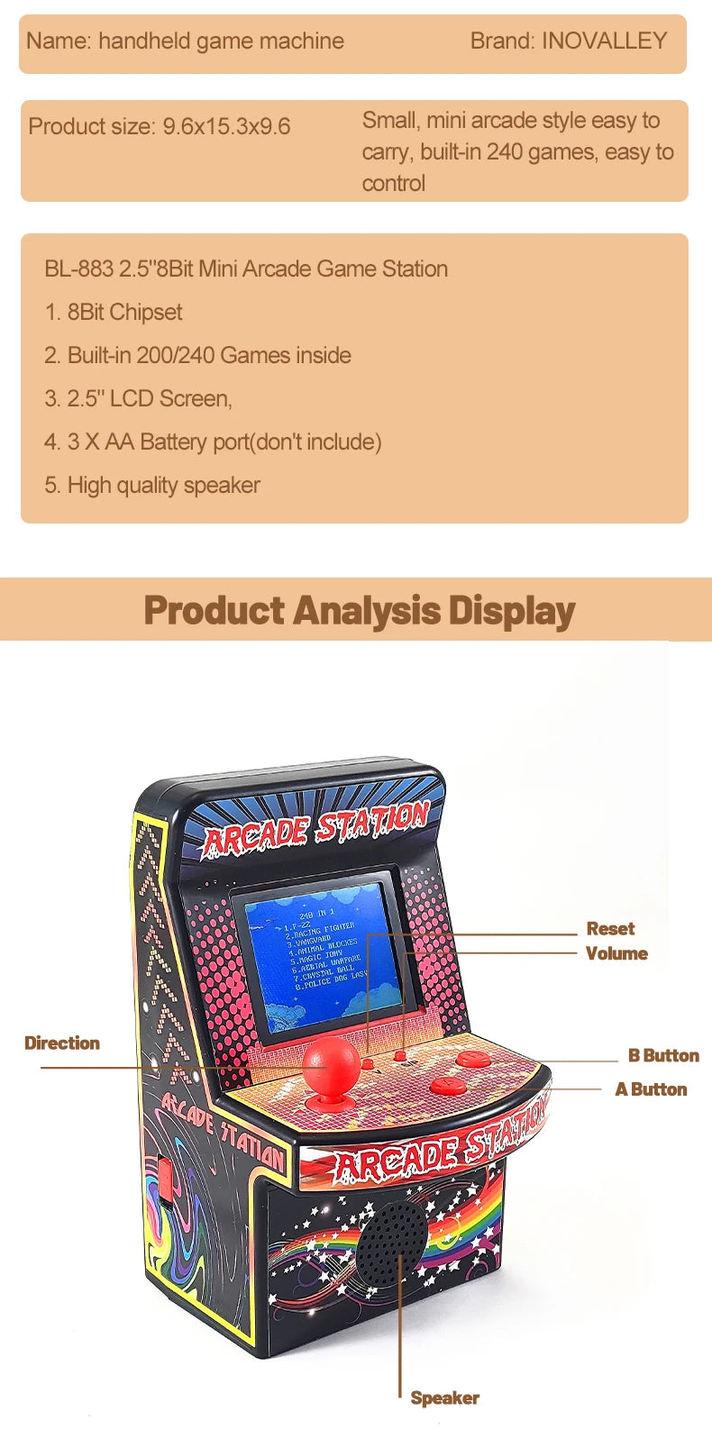 2.5"8Bit Mini Arcade Game Station Built-in 200/240 Games inside 2.5" LCD Screen Handheld game console
